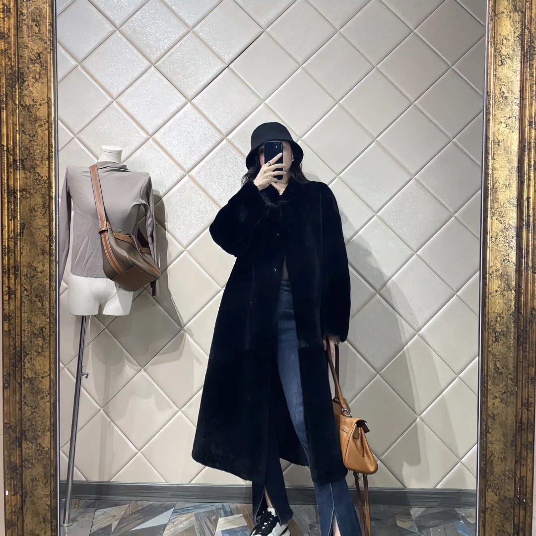 2025-新款网红中长款秋冬黑色羊毛时尚气质百搭双面穿外套-6688