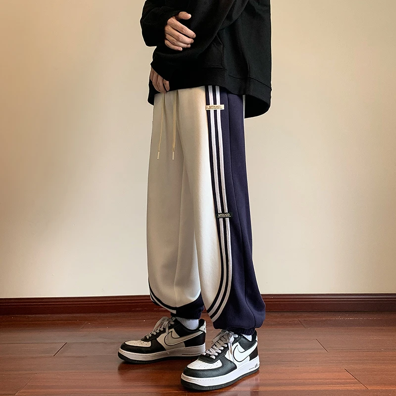 撞色拼接条纹卫裤男宽松春秋款束脚运动裤男士高街美式vibe裤子男