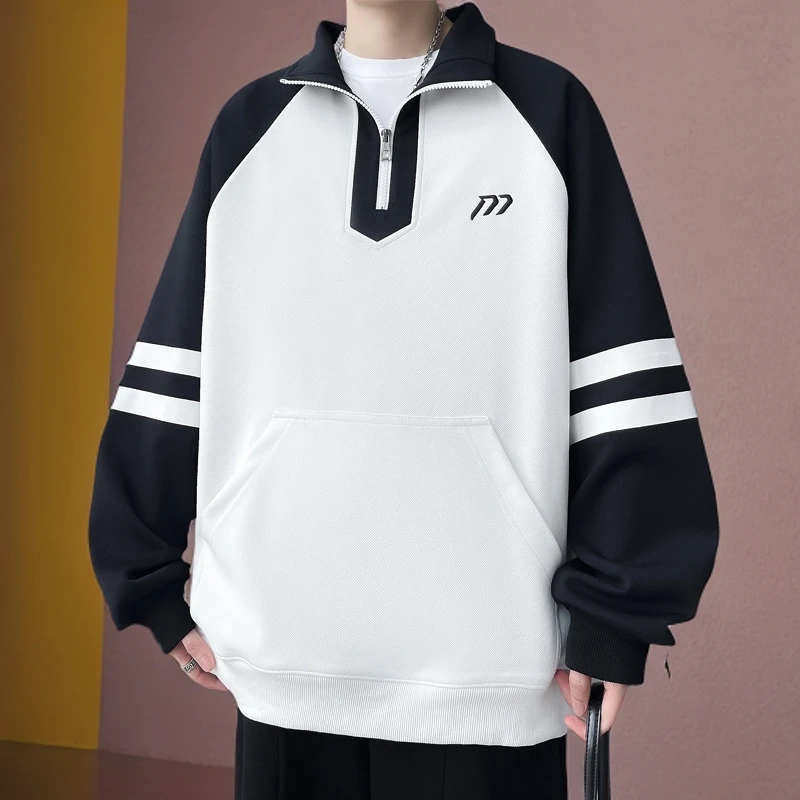 半拉链学院风卫衣男春秋款2024新款潮牌青少年高级感宽松痞帅外套