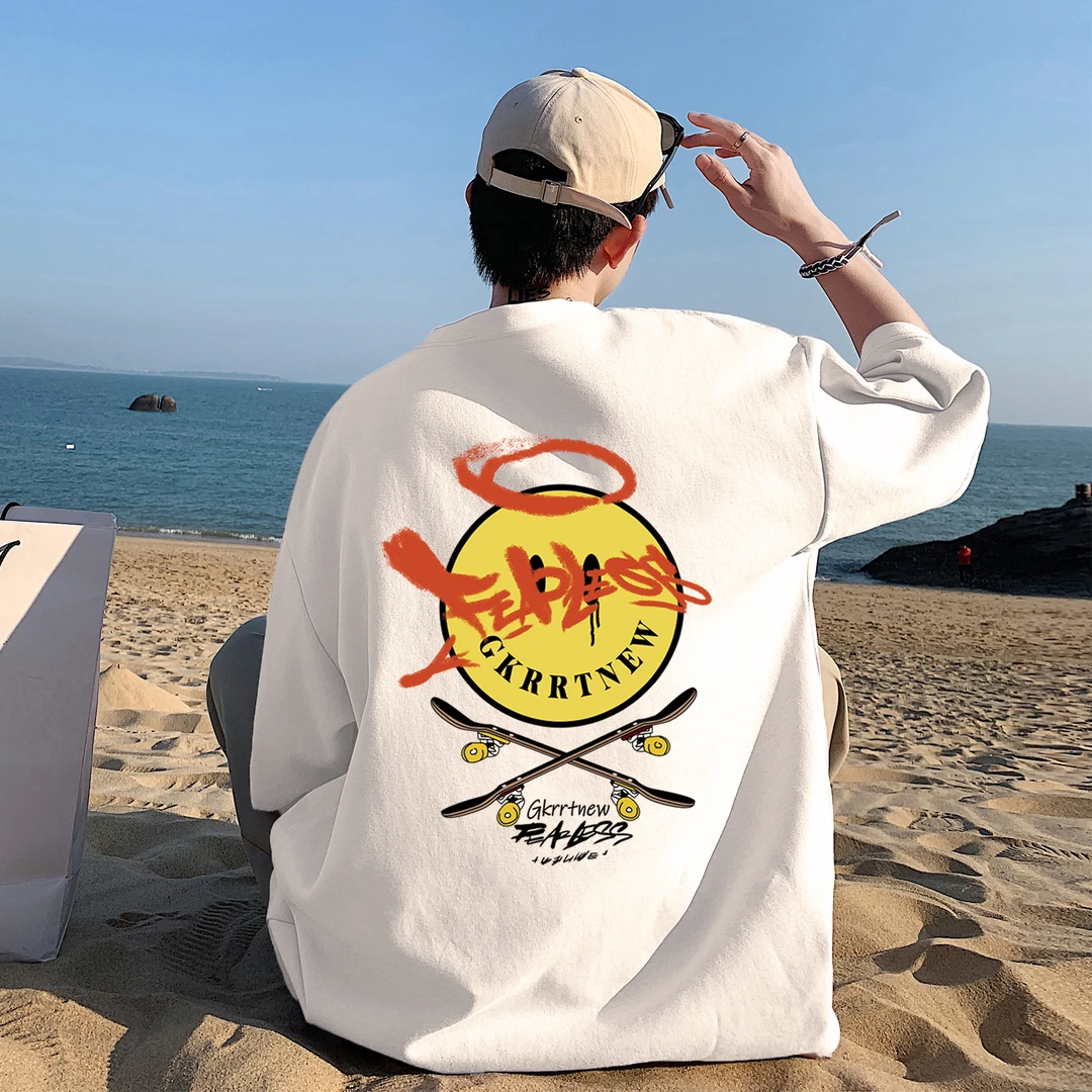 纯棉白色短袖T恤男ins大码夏季落肩袖重磅五分袖体恤潮牌高街上衣