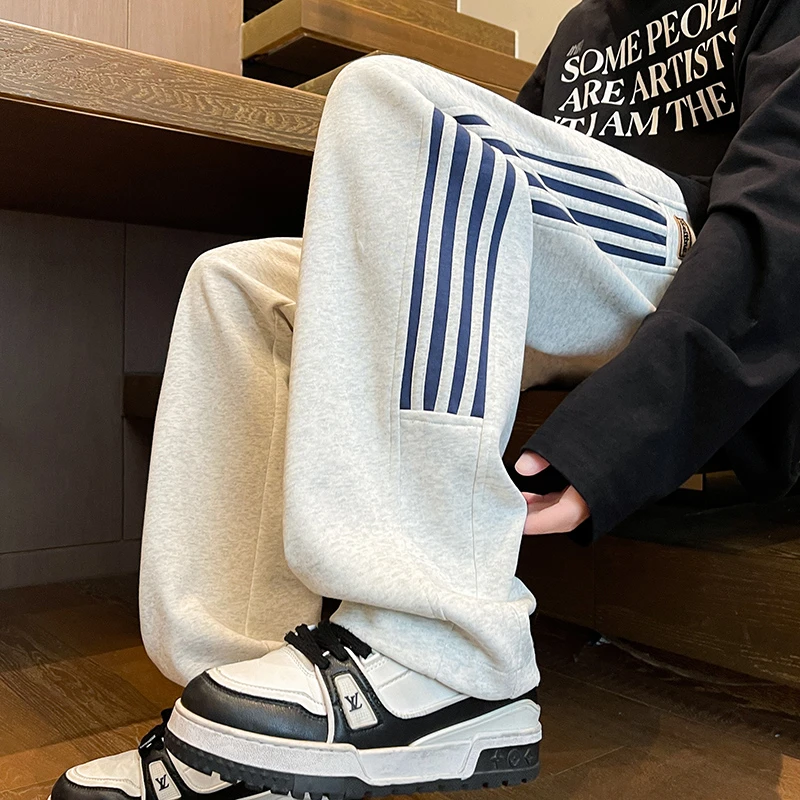 2024休闲卫裤男春秋美式复古灰色阔腿裤子青少年垂感直筒长裤