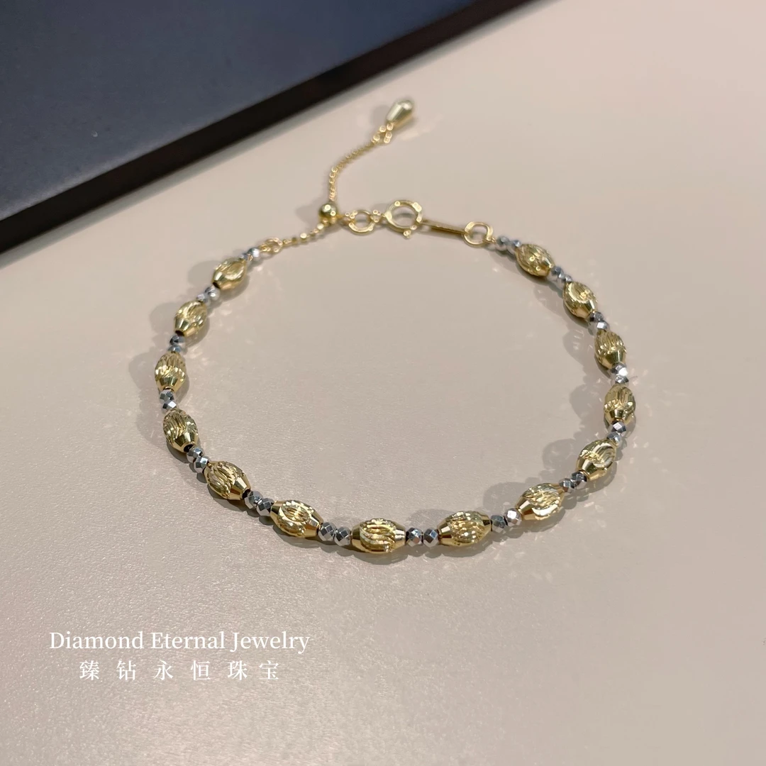 18K金双色橄榄珠间碎金子手链浅金色时尚气质轻奢百搭简约经典