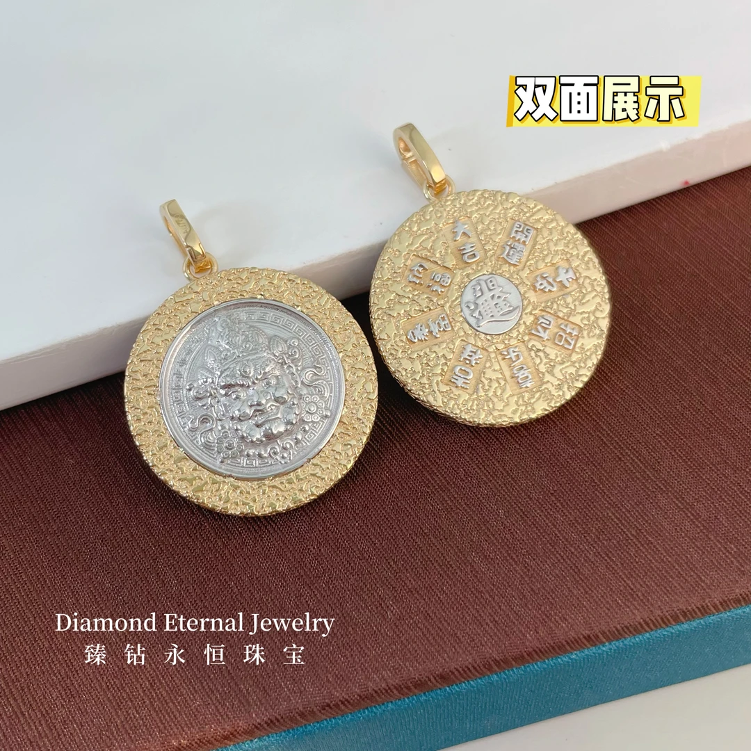 18K金黄财神吊坠/23.8MM吉言吉语手工复古双面个性雕刻