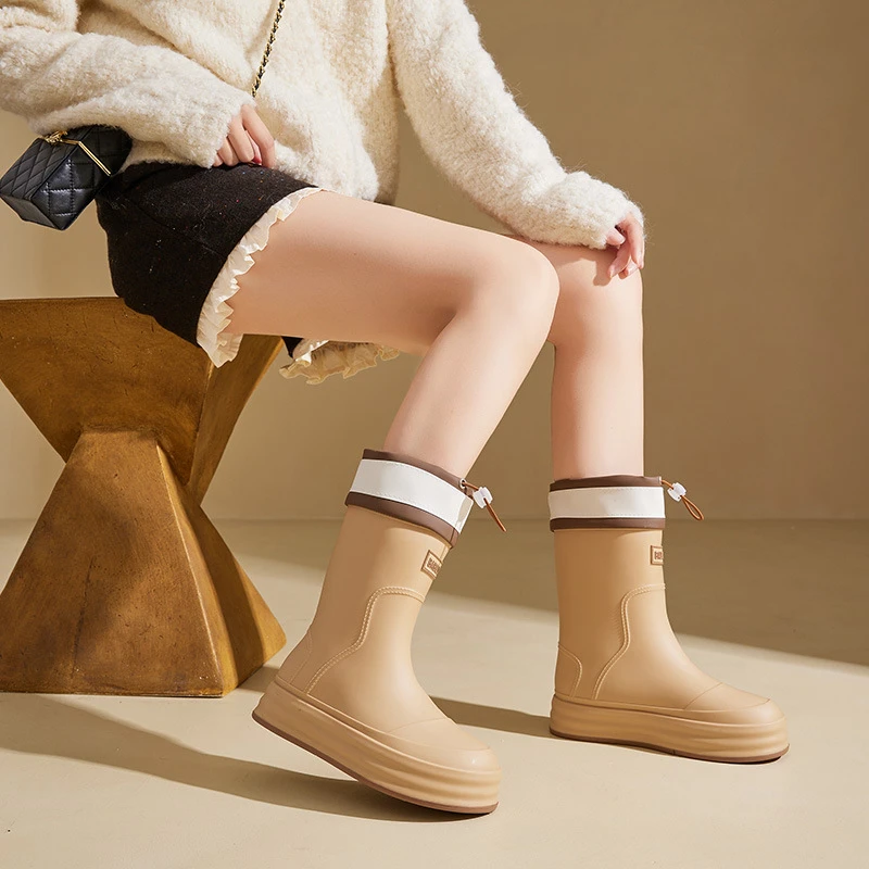 雨鞋女加绒时尚防水束口厚底雨靴防滑耐磨胶鞋外穿四季通用水靴女