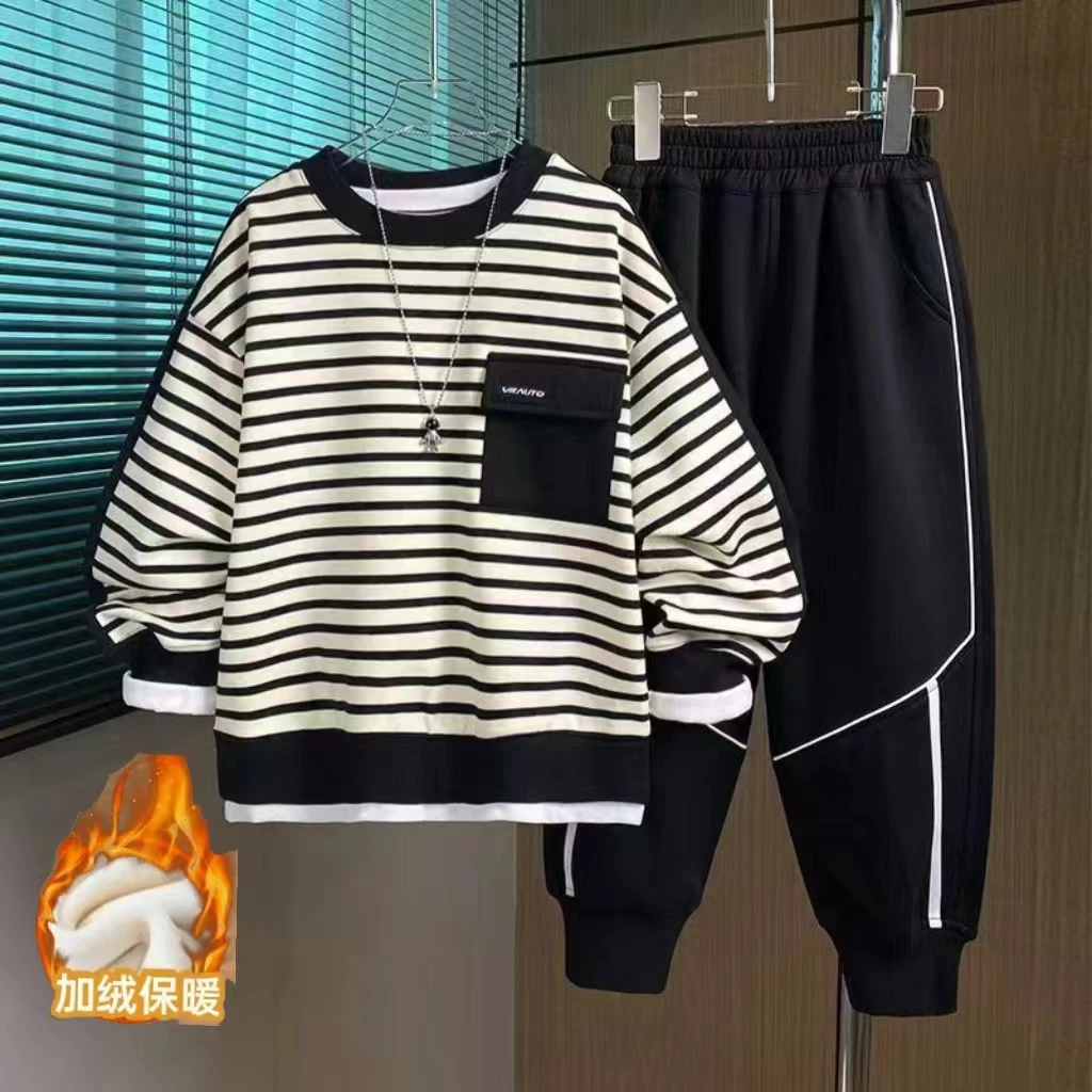 【加绒/不加绒】酷帅套装2024秋季新款圆领卫衣套装时尚休闲两件套-