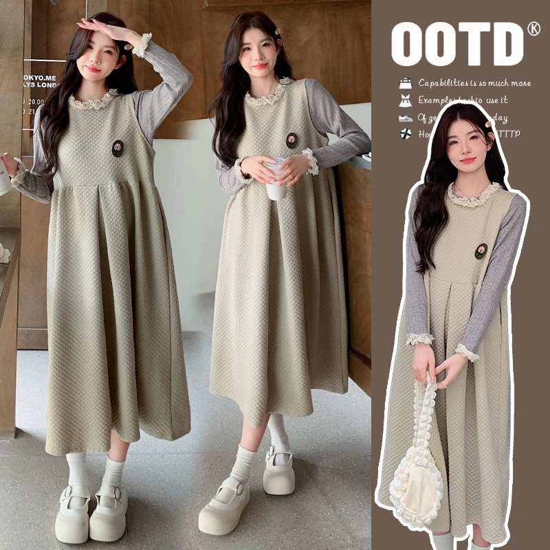 2025秋冬加厚甜美减龄蕾丝花边上衣+中长款背心裙孕妇两件套套装