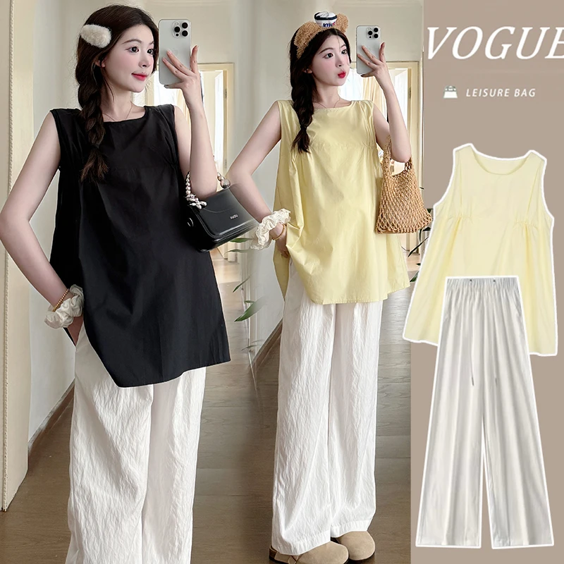 2024韩版孕妇上衣夏设计感无袖背心减龄色有内衬+外穿阔腿裤套装