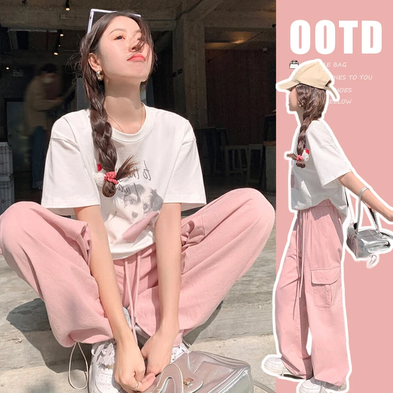 2024新款夏装孕妇减龄纯棉印花T恤+高腰孕妇工装裤套装