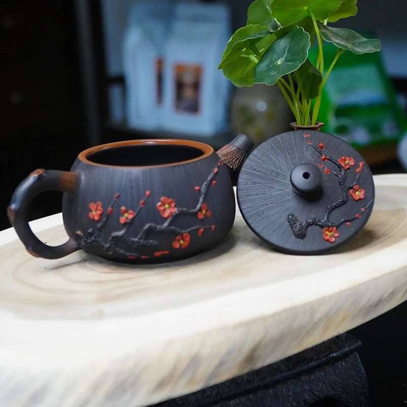 【梅花拉丝】汉瓦茶壶建水紫陶200ml送茶杯泡茶具非紫砂壶手工家用