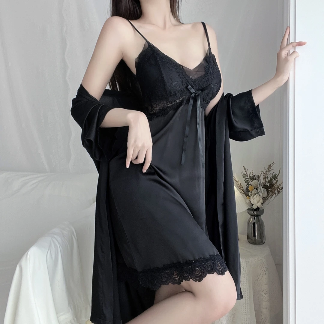 睡衣女春夏冰丝2024年新款薄款性感睡裙蕾丝花边双V设计吊带睡裙