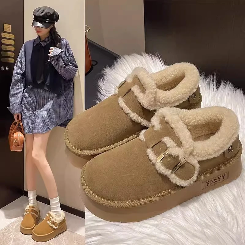 厚底雪地靴女冬季2024新款防水加绒短筒棉鞋低帮一脚蹬保暖勃肯鞋