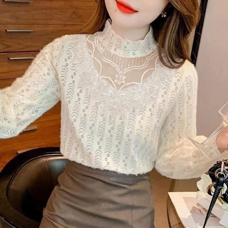 2024秋冬新款衬衫女气质百搭打底衫洋气时尚蕾丝衫显瘦减龄上衣