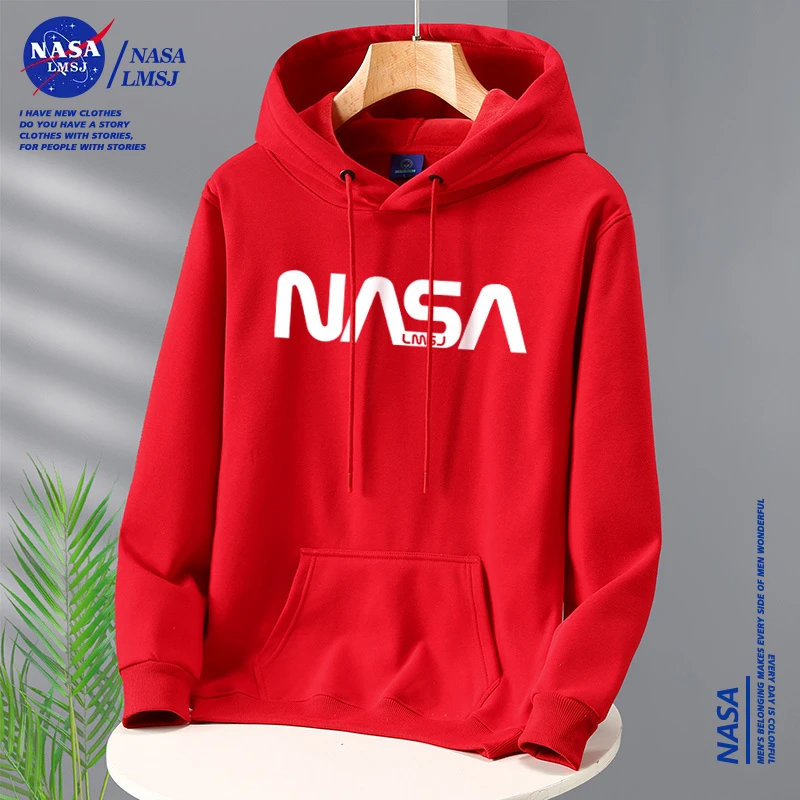NASA联名潮牌爆款2025新款春秋男士加绒加厚连帽卫衣男款红色帽衫