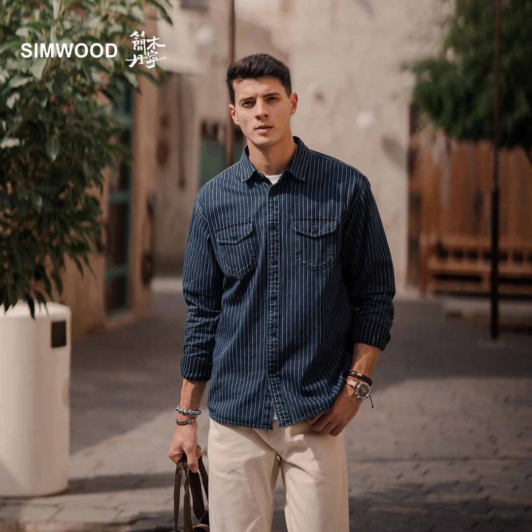 SIMWOOD/简木丹宁【宽松版】8盎司水洗靛蓝人字纹牛仔衬衫SN130009