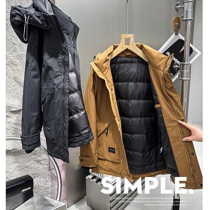 553 # 90鸭绒冬季撤柜男装工装风纯色男士中长连帽羽绒服外套