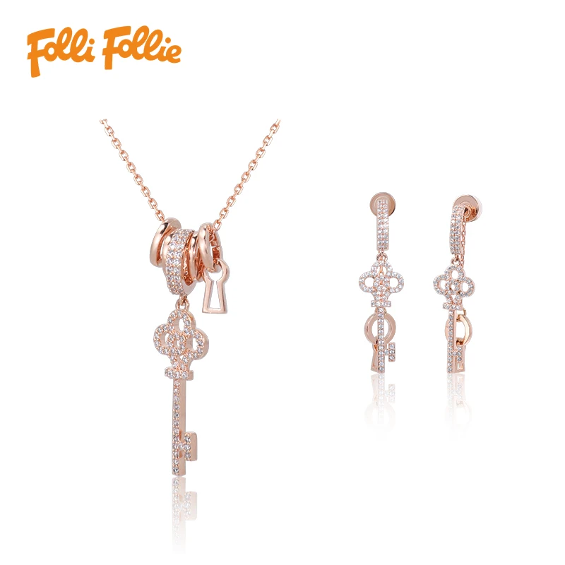 follifollie 合金合成锆石耳饰 【专柜同款】钥匙项链耳环两件套