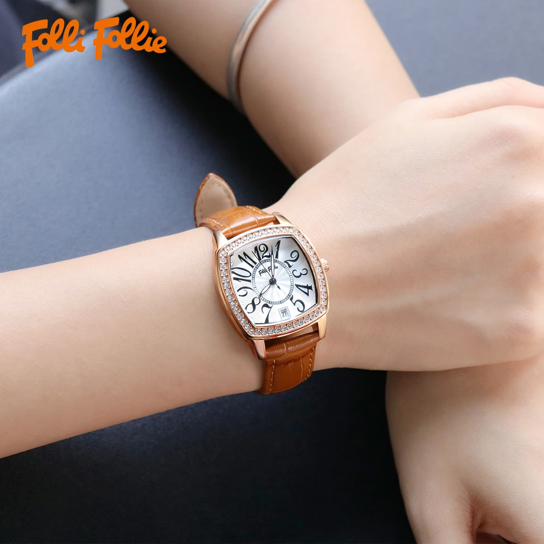 【TVB专属】follifollie经典百搭镶钻真皮石英防水女士酒桶腕表