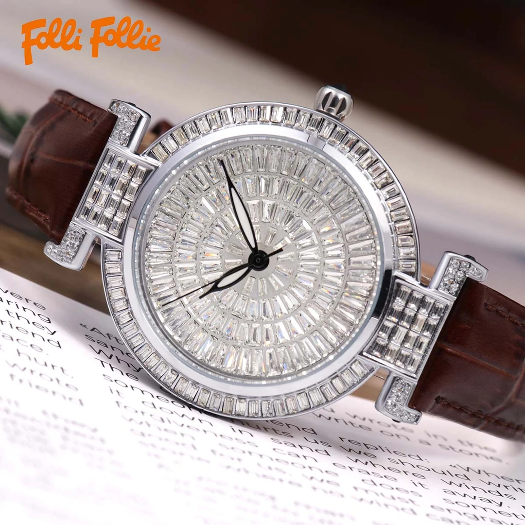 【TVB专属】follifollie天使之泪气质时尚镶钻圆形真皮石英女腕表