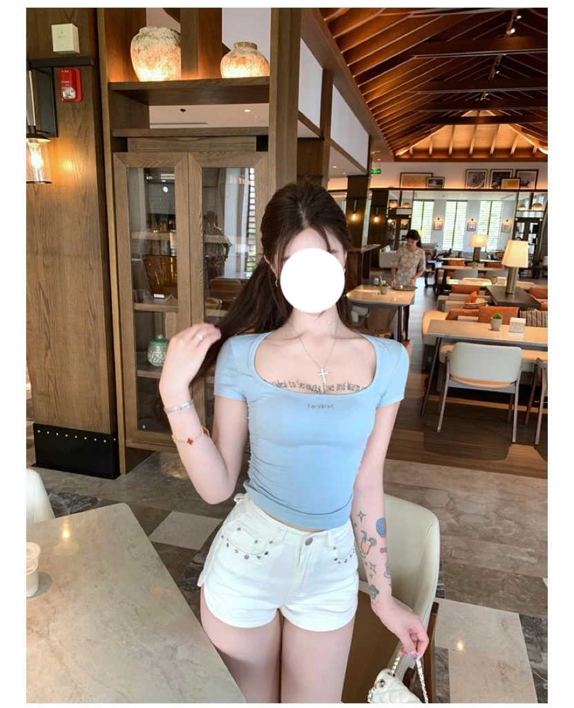 【氧气雨】范智* 纯欲风方领T恤女小个子夏季正肩短袖