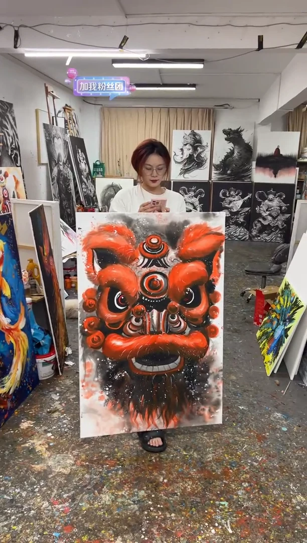 【闪购商品】绘画丫丫水墨红醒狮加框