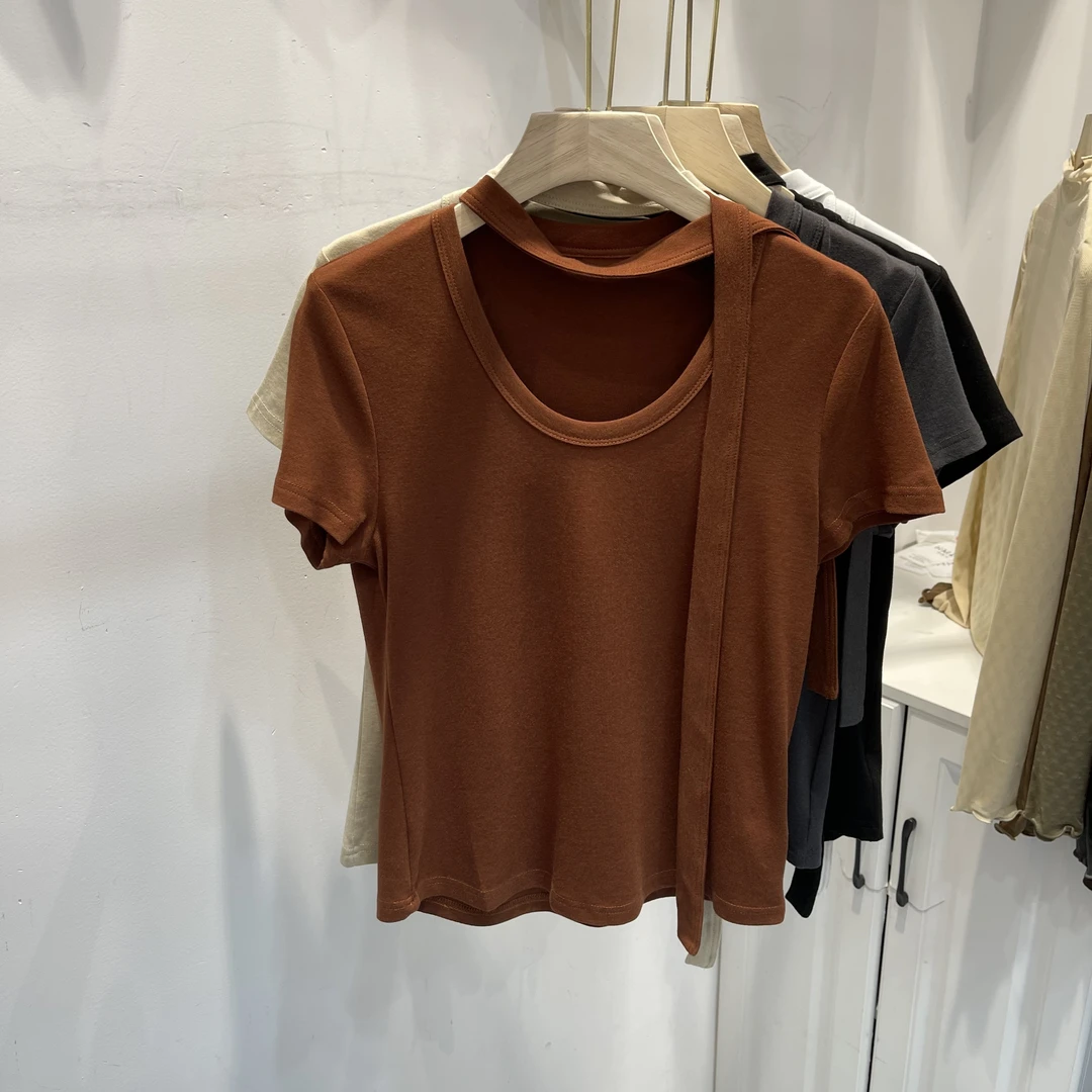 设计感挂脖系带圆领短袖T恤女2024早秋新款别致亲肤打底衫上衣潮