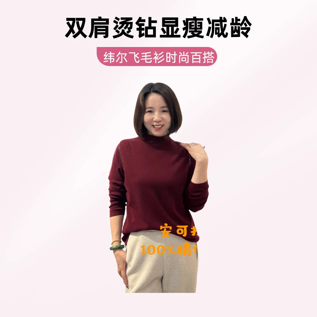 《纬尔飞》2024新款双肩烫钻中领显瘦针织百搭减龄羊毛打底时尚毛衫