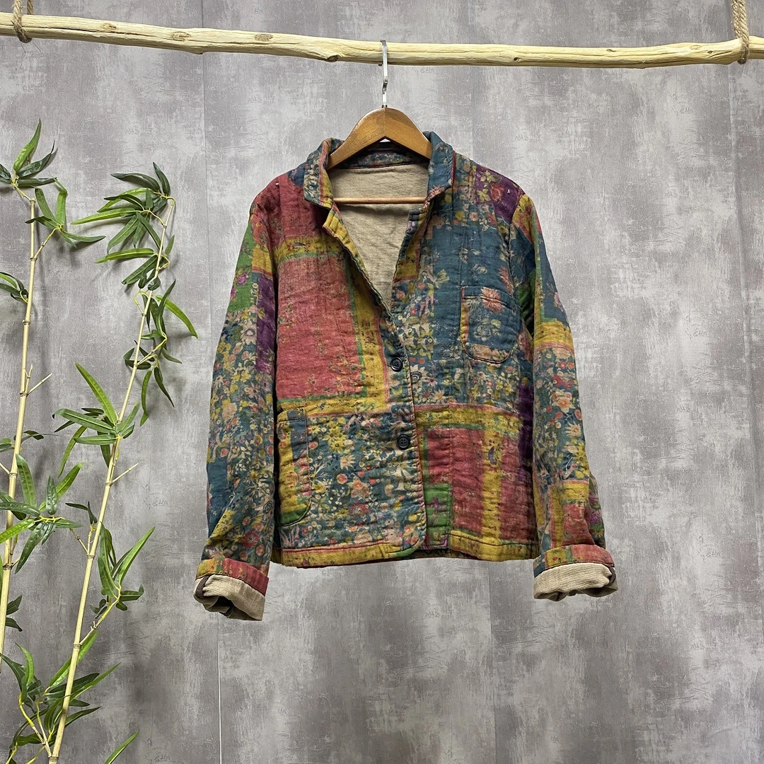 秋季新款原创复古炒色斜纹麻数码印花西装（衣长56胸围135）