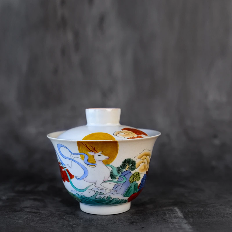 壶尔摩斯 新品《白鹿》山海经系列 陶瓷盖碗 柴窑手绘 全手工描金
