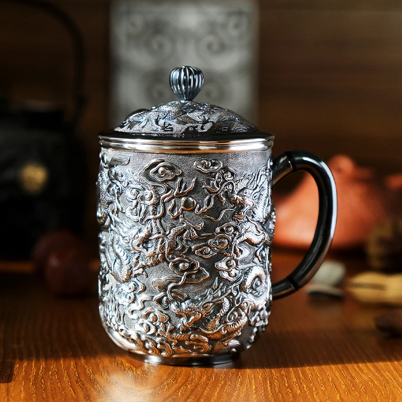 壶尔摩斯《九龙图》银盖杯足银全手工茶杯水杯带盖泡茶家用银杯子龙