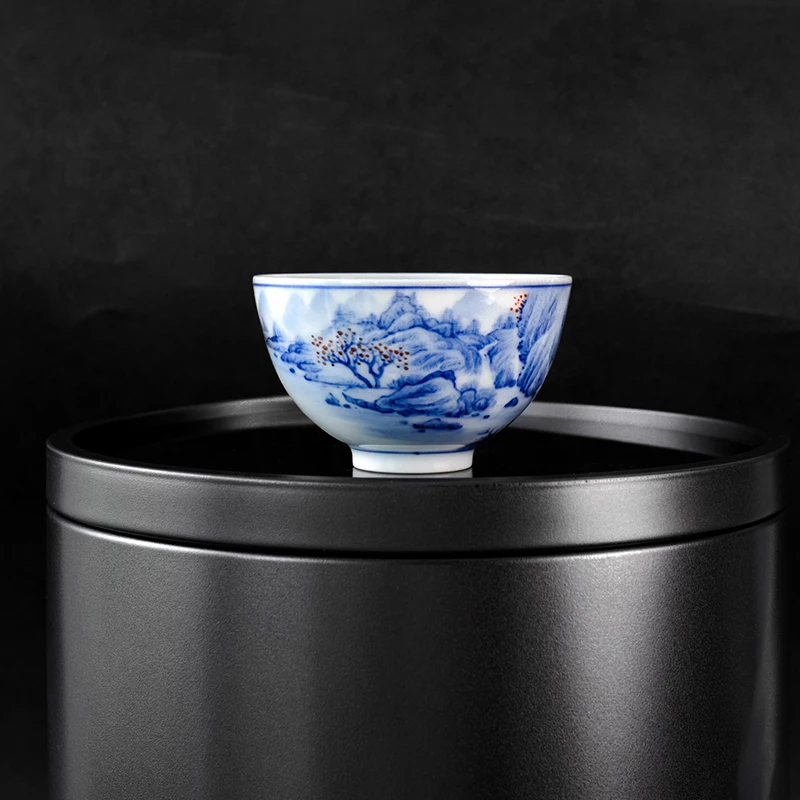 陶瓷 柴窑 矾红青花主人杯 纯手工家用白瓷 全手工 手绘普洱杯