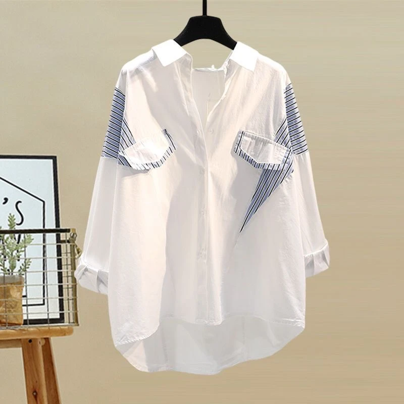 衬衫女夏季薄款胖妹妹白色法式上衣衬衫女中长款洋气时尚休闲衬衣