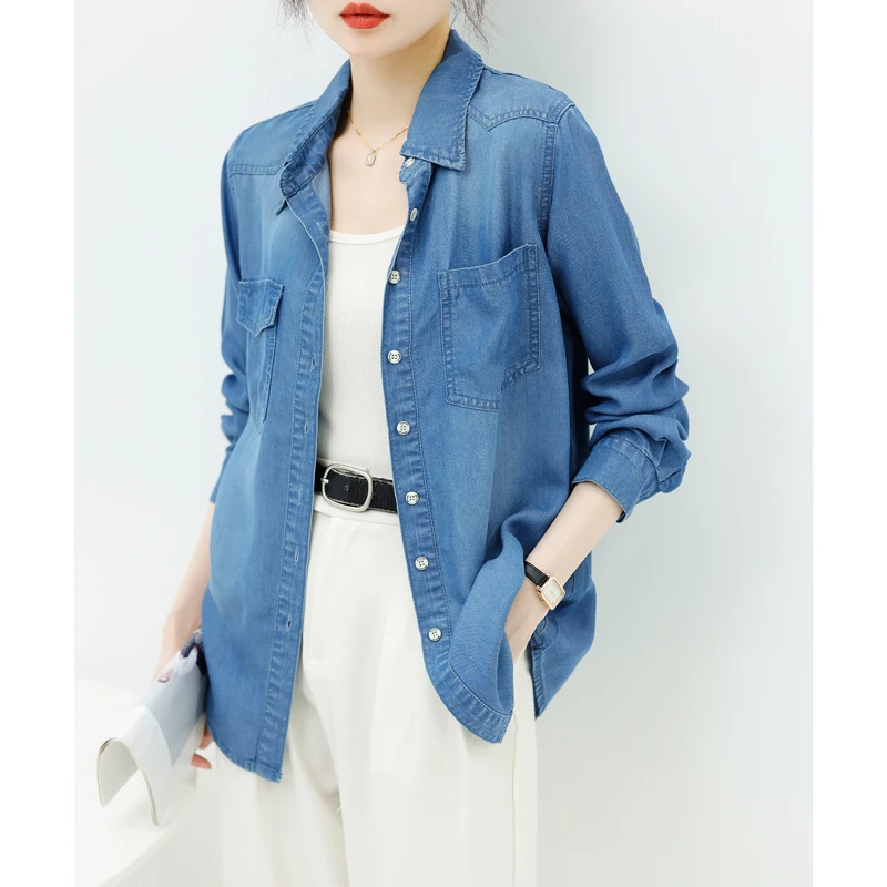 柔软独特别致牛仔衬衫女2024春秋新款气质显贵百搭宽松衬衣外套潮