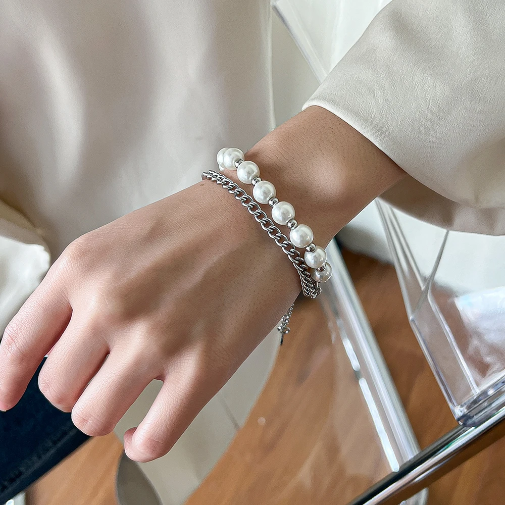 钛钢仿珍珠手链 轻奢气质小众防珍珠双层钛钢手链拼接个性不掉色