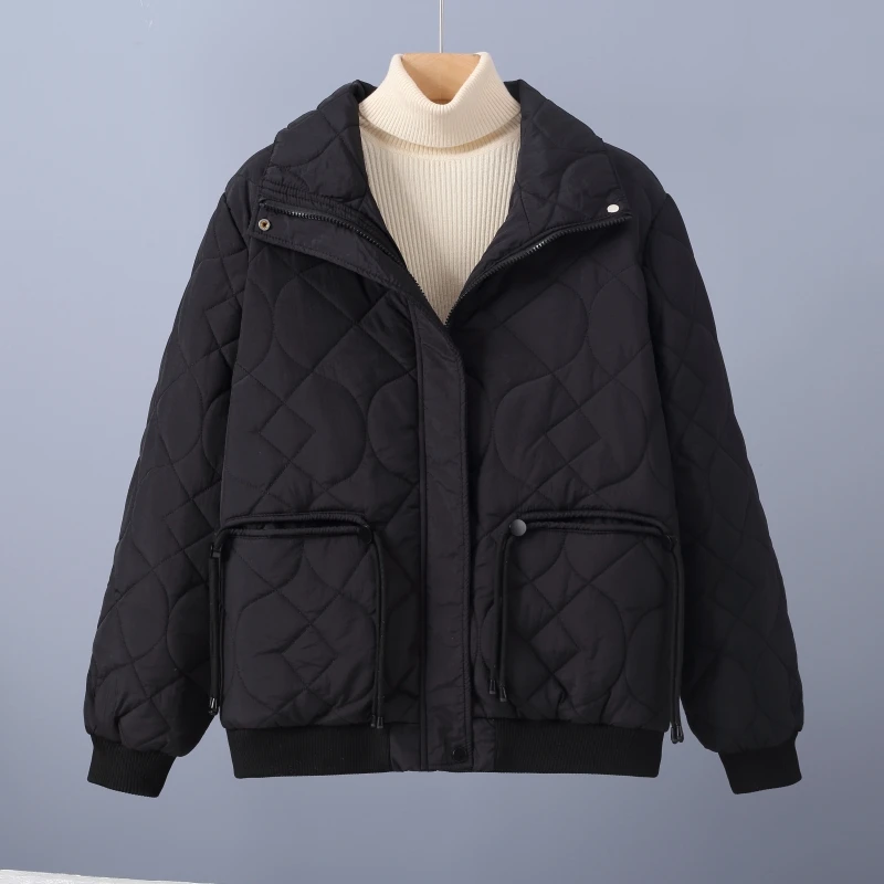 整块棉2024冬季新款菱形格韩版宽松轻薄羽绒棉服女短款棉衣棉袄