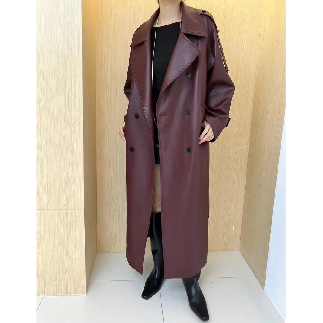 HUIZI 高级感衣风衣外套女24秋设计感宽松PU皮安可拉红大衣