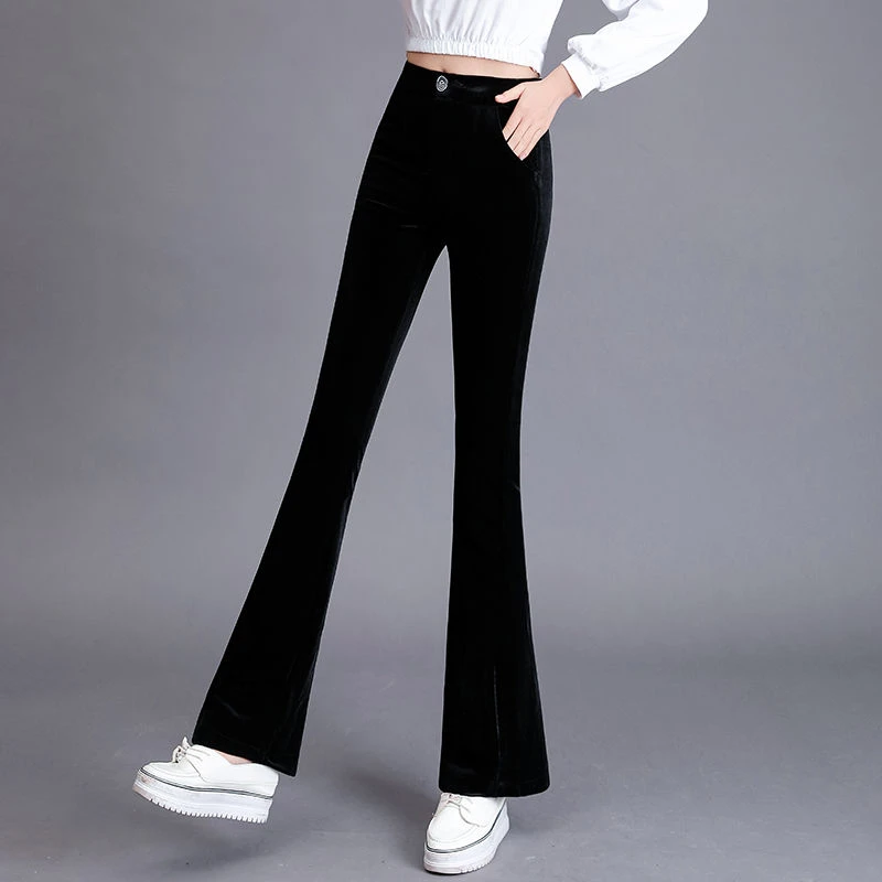 高档金丝绒微喇叭裤女秋冬高腰修身显瘦显高垂感休闲裤小个子长裤