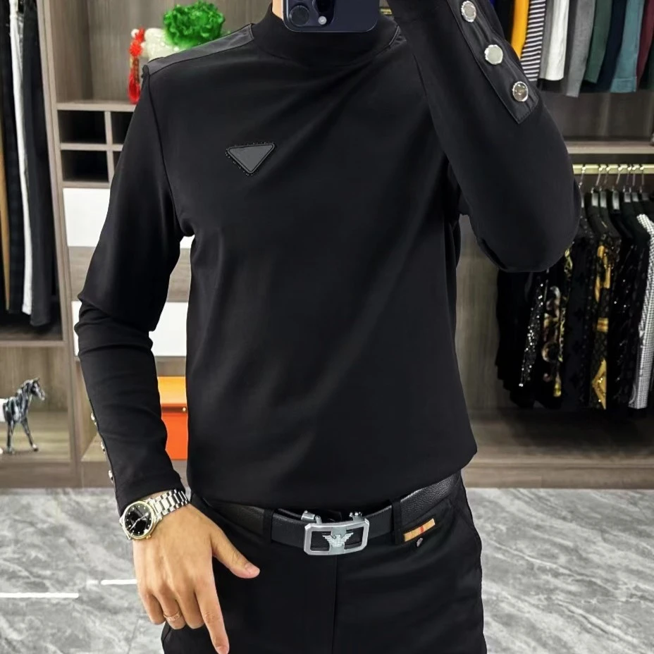 轻奢男士春季新款上衣时尚潮流小衫欧货商务休闲圆领个性长袖T恤