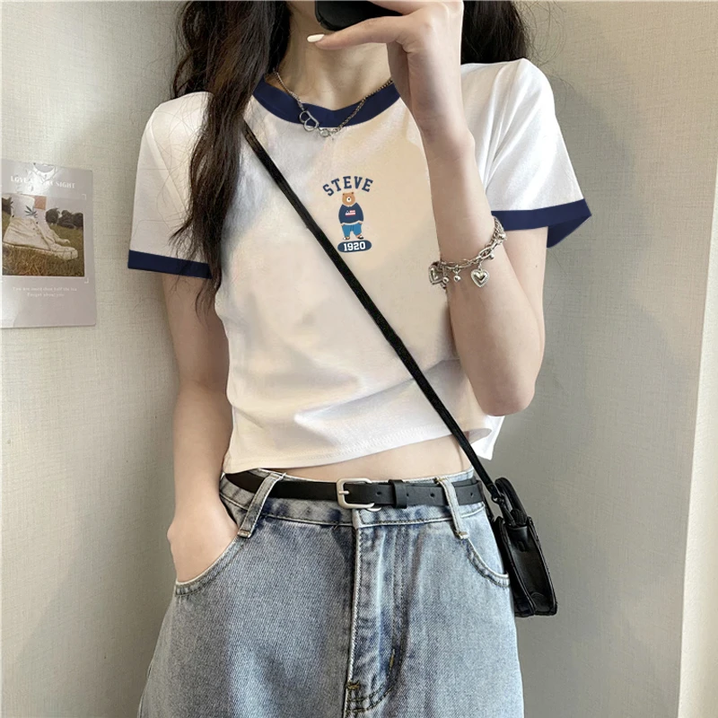 撞色短袖女t恤纯棉高级感夏季法式短款露脐高腰搭配设计感ins上衣