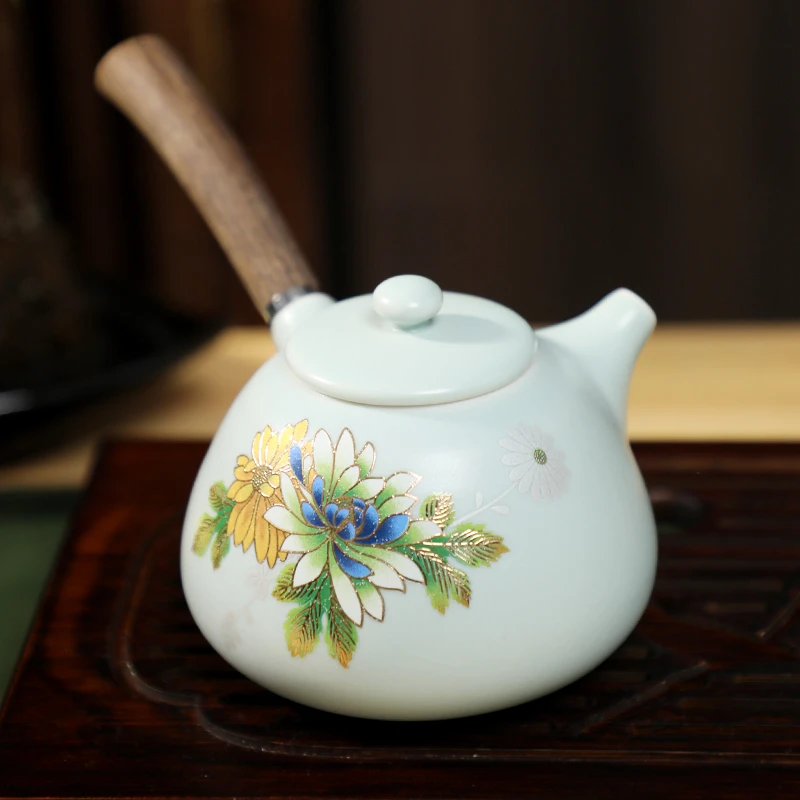 清雅凝香汝窑天青陶瓷侧把壶趴花茶壶家用功夫茶具泡茶壶