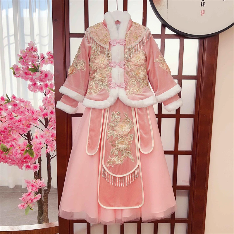 青-SL2598中国风女童汉服儿童古装秋冬套装唐装拜年服加绒冬季