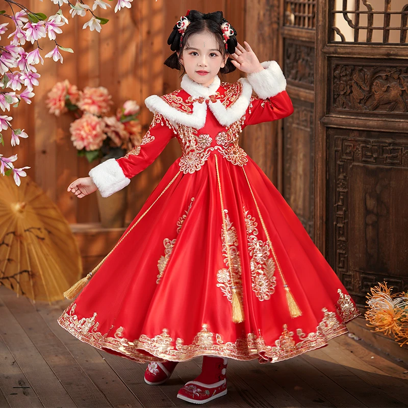 SL2884汉服女童秋冬款中国风古装拜年服唐装2023新款儿童古风裙子