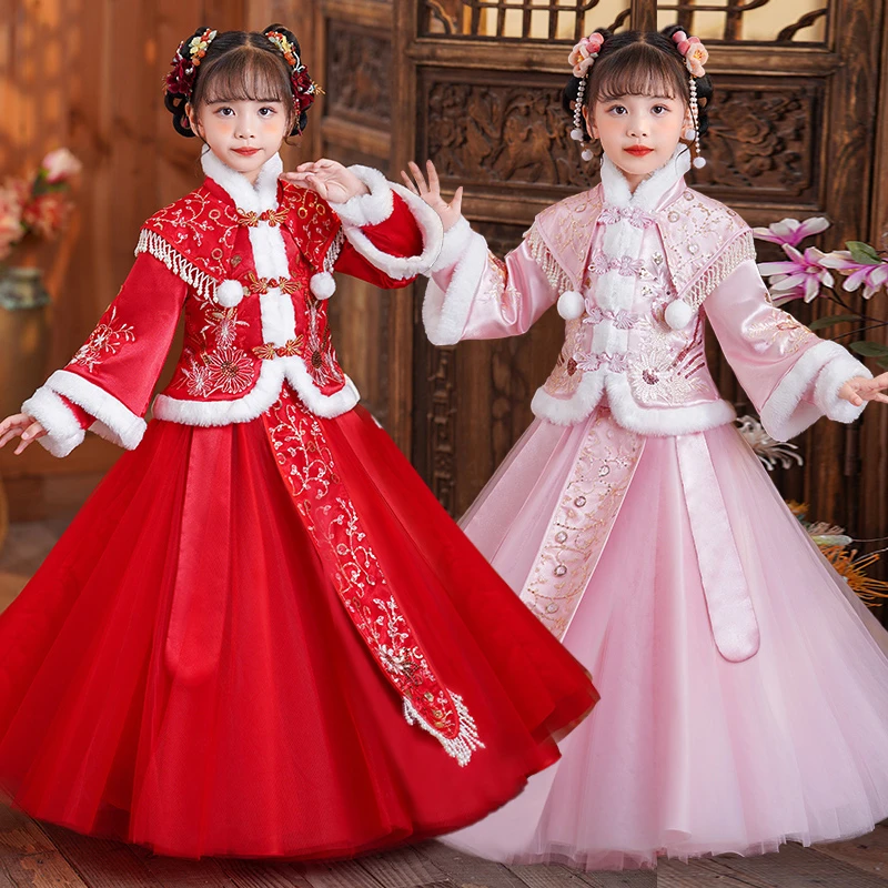 SL2592女童汉服冬装新款公主裙中国风儿童裙子加绒洋气套装拜年服