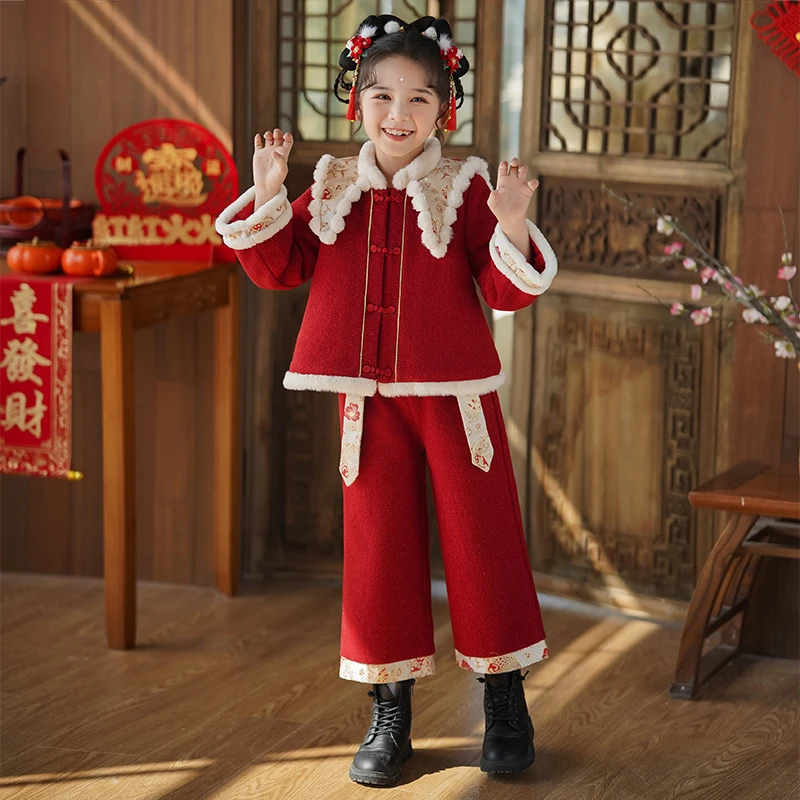青-SL2898拜年服女童秋冬新款唐装两件套周岁女宝红色加绒新年装