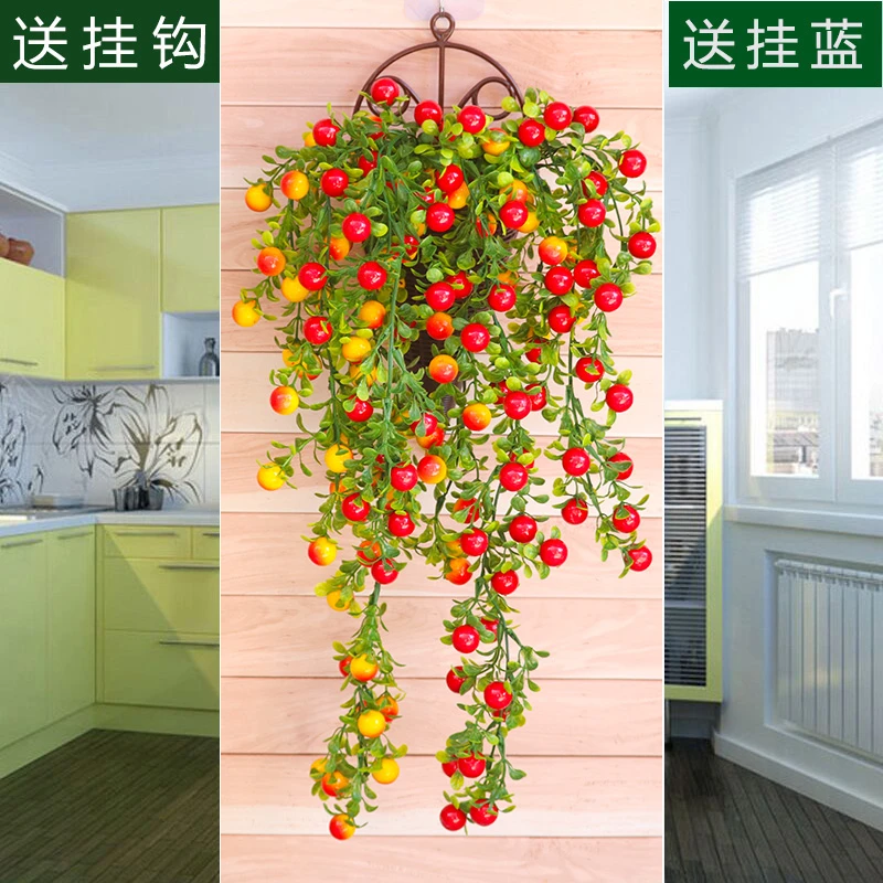 室内摆设红色发财果仿真花藤条植物装饰客厅卧室房间挂篮墙上挂件