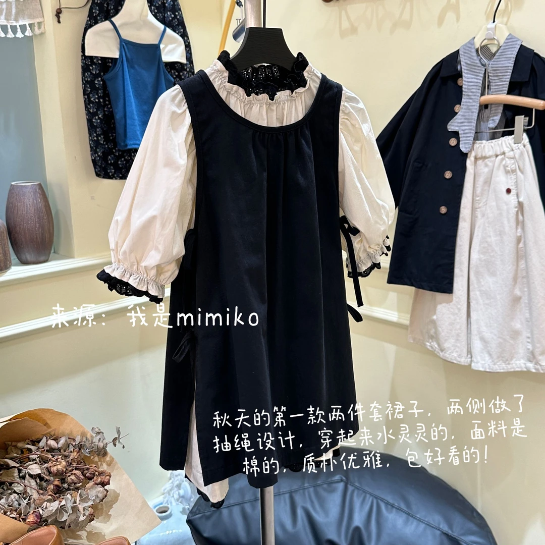 【左岸巴黎】女童时尚泡泡袖连衣裙套装韩版设计师女童秋季真两件套