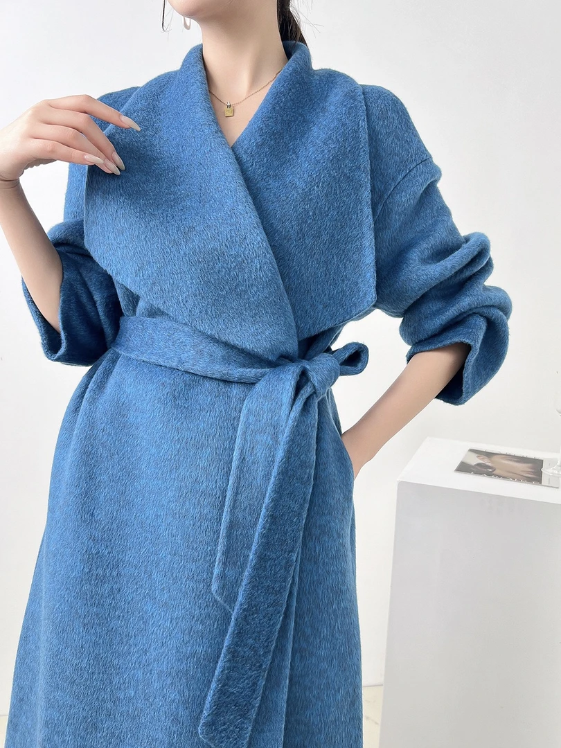 蓝色大翻领双面呢大衣设计师加长款秋冬新款系带女士驼绒大衣外套