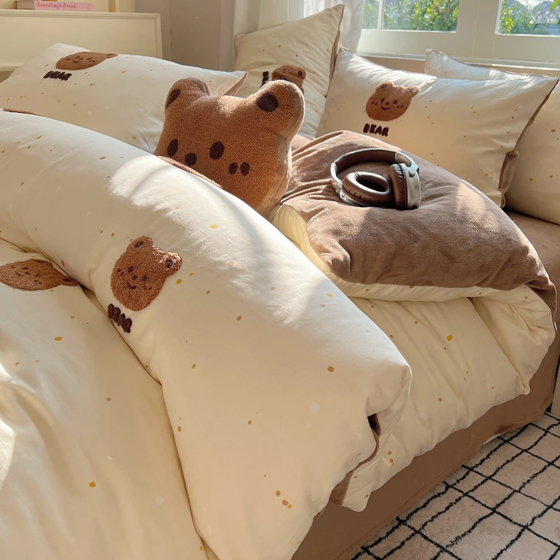 秋冬季毛巾绣牛奶绒床上四件套ab面全棉纯棉珊瑚绒被套床单三件套