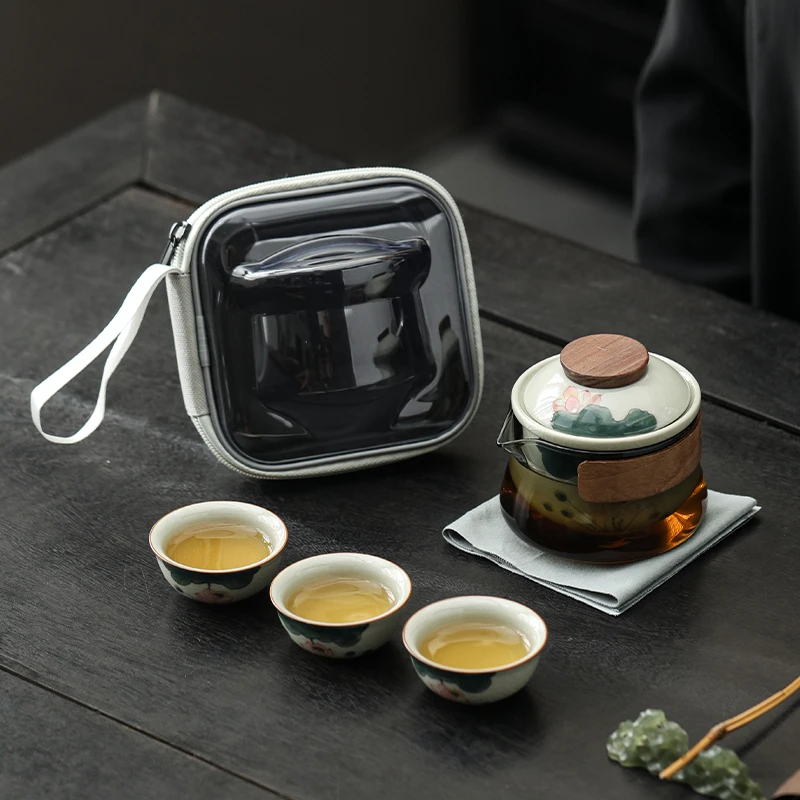 手绘荷韵哥窑旅行茶具小套装便携茶具陶瓷功夫茶具户外防烫快客杯