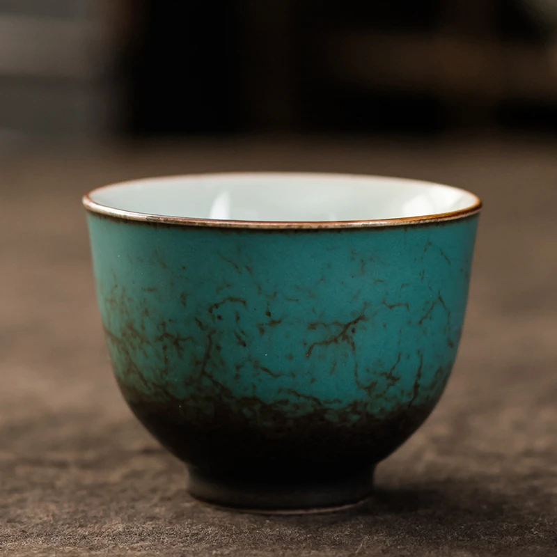 日式复古陶瓷功夫茶杯孔雀绿建盏品茗主人杯创意单杯家用喝茶杯子