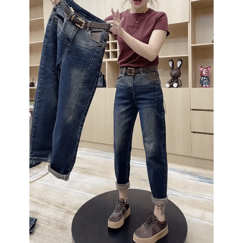 梨形显瘦大码哈伦裤老爹裤2025年早秋季新款九分牛仔裤子女士弹力